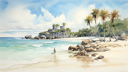 High Resolution: Watercolor painting of a tropical beach scene with clear turquoise waves a white sandy shore a lone figure swims near the center-left download. | HRJPG.com