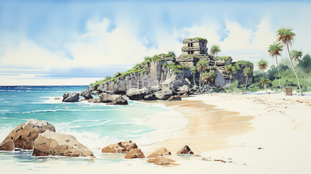 High Resolution: Intricate watercolor painting of a tropical beach scene featuring rocky cliffs with ancient stone structures lush greenery and tall palm trees download. | HRJPG.com