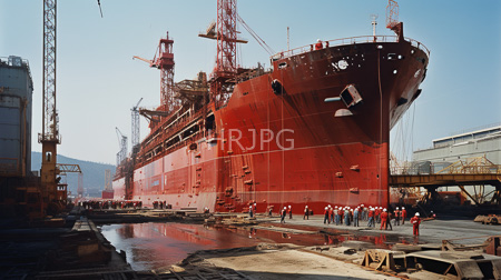 High Resolution: Enormous red ship docked in a busy industrial yard under clear blue skies with numerous cranes surrounding it and uniform-clad workers standing download. | HRJPG.com