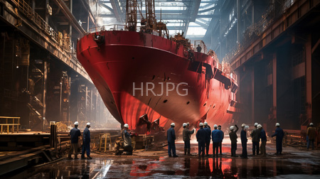 High Resolution: Industrial shipyard with dim atmospheric lighting a large red cargo vessel centered with a group of male workers standing in the foreground download. | HRJPG.com