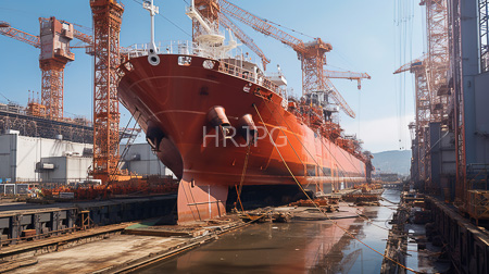 High Resolution: Orange rusted cargo ship docked in a busy industrial port under clear blue skies with towering cranes surrounding it on both sides download. | HRJPG.com
