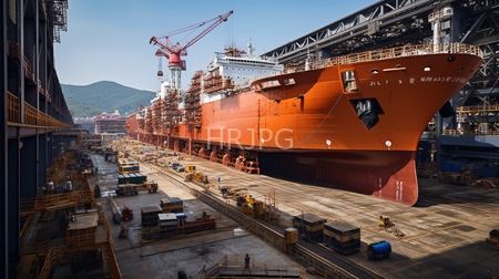High Resolution: Industrial shipyard with a large orange cargo vessel under construction on a concrete platform a red crane and mountains visible through a clear sky download. | HRJPG.com
