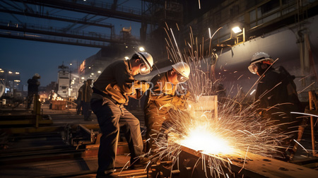 High Resolution: Three male welders in white hard hats and brown work clothes wearing protective goggles operate an arc welding machine at night in a shipyard download. | HRJPG.com