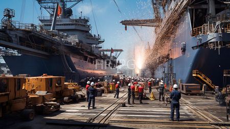 High Resolution: Industrial shipyard with two large naval ships docked a welding activity emits bright orange sparks and workers stand near tracks leading to the hulls download. | HRJPG.com