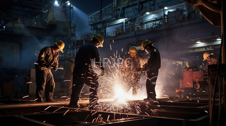 High Resolution: Five male welders in dark blue uniforms and yellow hard hats stand around an intense welding arc that emits bright orange sparks on a metal workshop floor download. | HRJPG.com