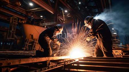High Resolution: Two male welders in dark blue protective suits and helmets bending over metal beams with bright orange sparks flying from an electric arc welding torch download. | HRJPG.com