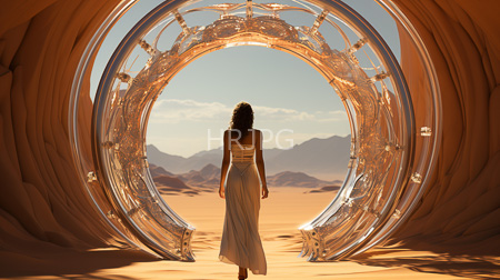 High Resolution: African-American woman with curly hair wears a flowing white dress standing in front of a large transparent circular portal set within desert sandstone walls download. | HRJPG.com