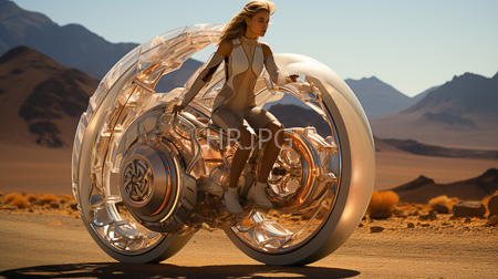 High Resolution: Athletic blonde woman with light skin rides a futuristic transparent metallic motorcycle in a desert landscape wearing revealing silver-gray armor-like clothing download. | HRJPG.com