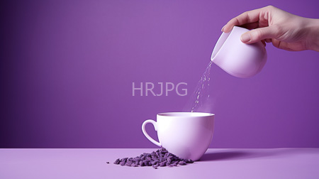 High Resolution: Hand pouring purple coffee beans from an off-white ceramic pitcher into another matching cup on a flat lavender surface download. | HRJPG.com