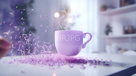 High Resolution: Empty pastel purple ceramic mug on a white table with scattered lavender petals and steam rising from it in a serene kitchen ambiance download. | HRJPG.com