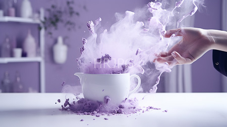 High Resolution: Hands releasing purple smoke and powder into an empty white ceramic teacup on a smooth reflective surface in a pastel-purple room download. | HRJPG.com