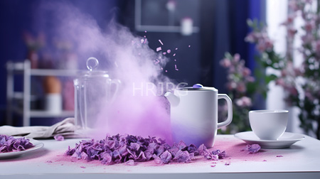 High Resolution: Elegant purple-themed tea setting on a white tablecloth with scattered violet petals and steam rising from a gradient pink-white teapot download. | HRJPG.com