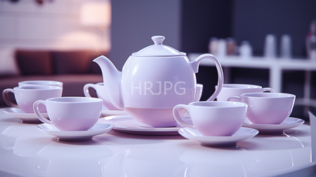 High Resolution: Elegant minimalist tea setting on a glossy white table with a pinkish-white ceramic teapot and six matching cups in soft purple hues download. | HRJPG.com