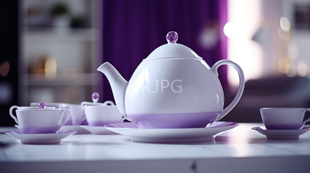 High Resolution: Elegant pastel purple and white tea set on a marble table including a teapot four matching cups and a small pot-like container download. | HRJPG.com
