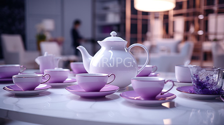 High Resolution: Elegant modern tea setting on a white marble table with purple and pink teacups matching plates and a glossy white ceramic kettle download. | HRJPG.com