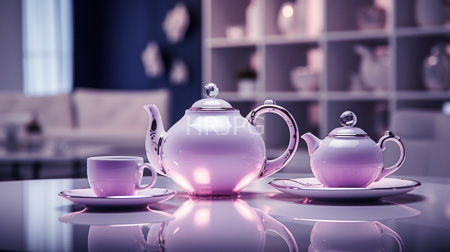 High Resolution: Elegant pastel purple tea set on a reflective glass table including a teapot and small covered pot accompanied by matching white cups download. | HRJPG.com