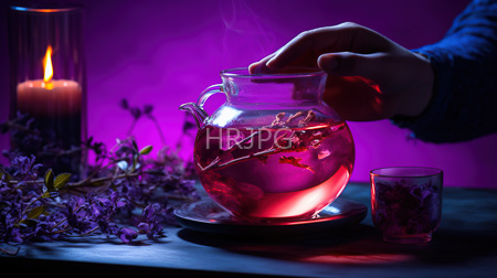 High Resolution: Hand pouring water from an illuminated glass teapot filled with purple flowers into another clear floral-patterned cup on a dark wood table download. | HRJPG.com