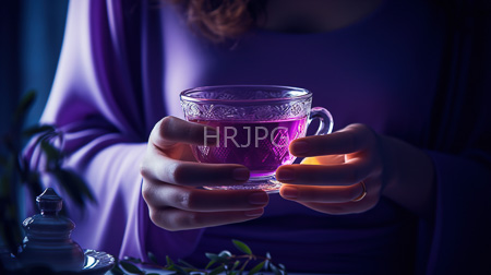 High Resolution: Individual wearing a purple long-sleeve top holds a delicate glass teacup filled with vibrant pink tea in dim blue lighting download. | HRJPG.com