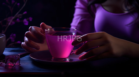 High Resolution: Hands holding and gently touching an illuminated pink glass teacup on its matching saucer bathed in purple light download. | HRJPG.com