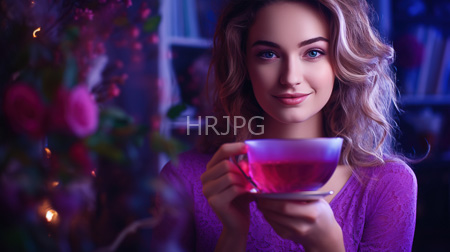 High Resolution: Attractive young woman with wavy blonde hair and blue eyes wears a purple lace top holding up a pink teacup on a saucer download. | HRJPG.com