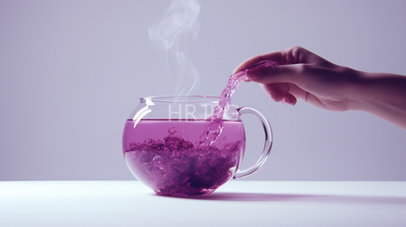 High Resolution: Clear glass teacup filled with purple liquid with bubbles rising to the surface a hand pours more violet fluid into the cup download. | HRJPG.com