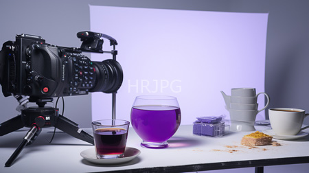 High Resolution: Studio setup featuring a professional video camera filming two glasses one with dark liquid and one with mid-pouring purple fluid download. | HRJPG.com