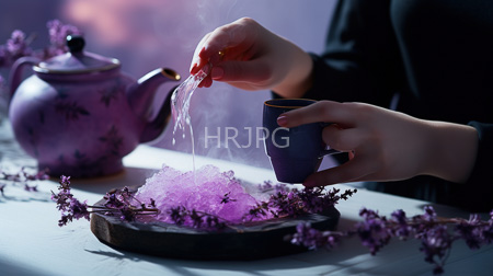 High Resolution: Hands pouring steaming water from a red flower-shaped teacup into a purple ceramic cup over crystallized sugar and lavender flowers download. | HRJPG.com