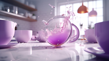 High Resolution: Elegant kitchen scene with pastel purple and white tones featuring splashing pink liquid from an overturned glass teapot on a glossy table surface download. | HRJPG.com