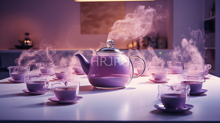 High Resolution: Elegant purple-glazed teapot with steam rising from it on a white table surrounded by clear glass cups in soft pink light download. | HRJPG.com
