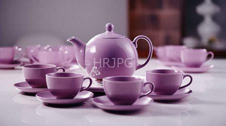 High Resolution: Elegant pastel purple tea set on a glossy white table including a matching teapot and four cups arranged symmetrically download. | HRJPG.com