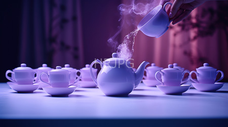 High Resolution: Elegant dim-lit tea setting with purple and blue lighting a white ceramic teapot is being poured by hand into a cup with steam rising download. | HRJPG.com