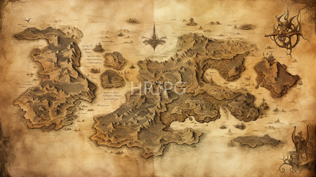 High Resolution: Intricately detailed sepia-toned map drawing in vintage style depicting various islands with rugged terrain and small settlements download. | HRJPG.com