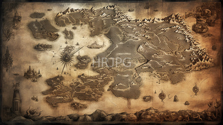 High Resolution: Intricately detailed sepia-toned map-like illustration depicting various landscapes and structures in relief style with winding rivers and forests download. | HRJPG.com