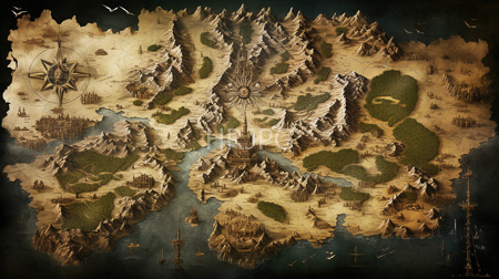 High Resolution: Intricately detailed antique-style map illustration depicting mountainous terrain with green valleys and blue waterways and a central sun-like symbol download. | HRJPG.com