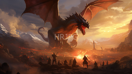 High Resolution: Enormous red-scaled dragon with outstretched wings standing in a volcanic landscape at sunset with silhouetted warriors and lava flows download. | HRJPG.com