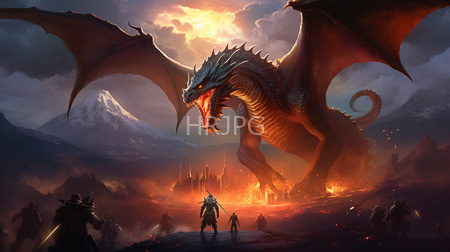 High Resolution: Enormous fiery red dragon with large wings and sharp teeth stands in front of towering mountains with armored warriors amidst glowing lava pools download. | HRJPG.com