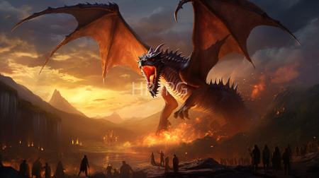High Resolution: Enormous red-scaled dragon with large wings and sharp spikes soaring over a fiery landscape at sunset breathing fire below silhouetted figures download. | HRJPG.com