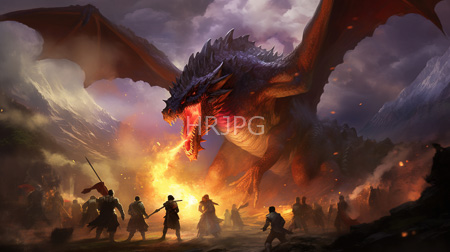 High Resolution: Enormous fiery red and purple dragon with sharp teeth roaring above a battlefield at sunset lit by bright orange flames download. | HRJPG.com
