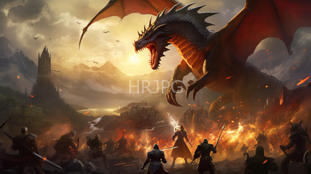 High Resolution: Epic battle scene at sunset with a large red and black dragon mid-flight above warriors wielding swords amidst intense flames download. | HRJPG.com