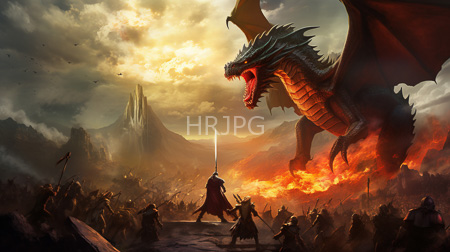 High Resolution: Epic battle scene at sunset with dark silhouetted warriors surrounding a central figure wielding a glowing sword against a massive red dragon breathing fire download. | HRJPG.com