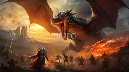 High Resolution: Epic battle scene at sunset with a massive red-scaled dragon roaring above armored warriors on rocky terrain amidst fiery lava flows download. | HRJPG.com