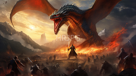 High Resolution: Epic battle scene at sunset with a towering red-scaled dragon looming over armored warriors wielding swords and spears in a fiery landscape download. | HRJPG.com
