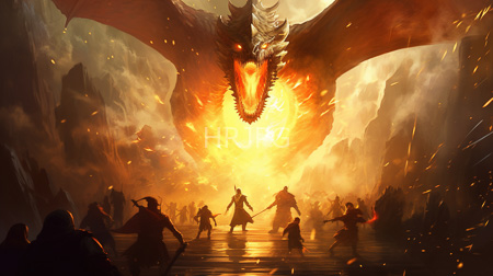 High Resolution: Epic battle scene with silhouetted warriors facing off against a massive fiery-breathing dragon in a rocky canyon under intense sunlight download. | HRJPG.com