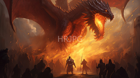 High Resolution: Enormous fiery red dragon with glowing orange eyes and sharp teeth looms over two armored warriors standing in its path at sunset download. | HRJPG.com