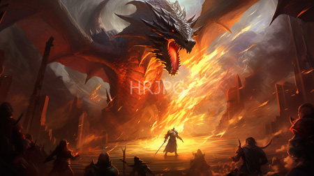 High Resolution: Epic battle scene with a massive fiery-breathing black dragon dominating against a blazing orange and yellow sky backdrop of burning ruins download. | HRJPG.com