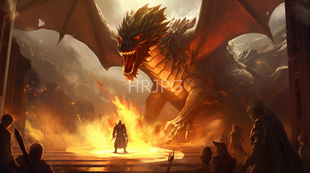High Resolution: Enormous fiery-breathing dragon with red eyes and outstretched wings dominates center stage in front of cheering onlookers download. | HRJPG.com