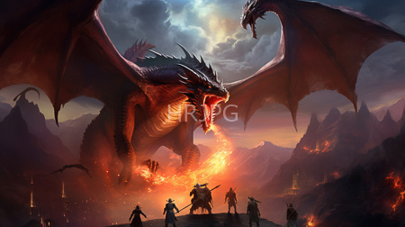 High Resolution: Enormous fiery red dragon with outstretched wings breathes orange flames at five armored warriors standing on rocky terrain download. | HRJPG.com