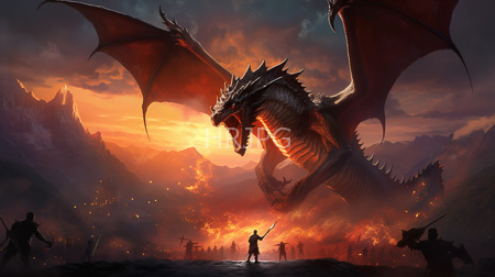High Resolution: Enormous fiery red and black dragon with outstretched wings towers over silhouetted warriors in front of erupting mountains during sunset download. | HRJPG.com