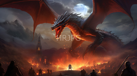 High Resolution: Enormous red-scaled dragon with sharp teeth and outstretched wings looms over a battlefield at nightfall with silhouetted warriors and fiery ruins download. | HRJPG.com