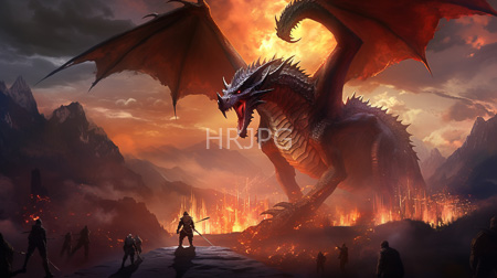 High Resolution: Enormous red-scaled dragon with large wings and sharp claws stands amidst fiery mountains at sunset with a lone warrior facing it download. | HRJPG.com